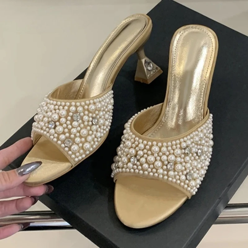 

Luxury Rhinestones Slides Women Sandals Open Toe Fashion Summer New Elegant Dress Shoe Designer Brand High Heels Slippers Ladies
