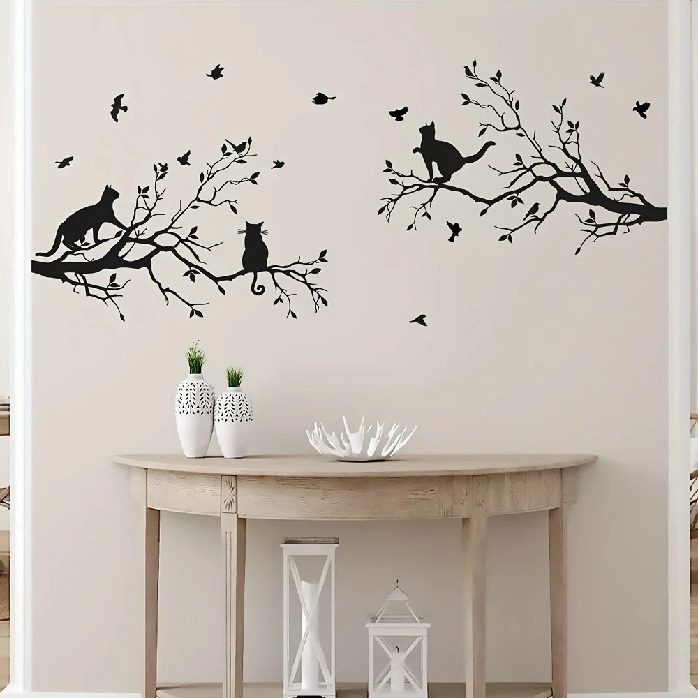 MT1185# Animal Print Wall Stickers, Cat and Birds on Branches Vinyl Decal, Polyvinyl Chloride Self-Adhesive Wall Art