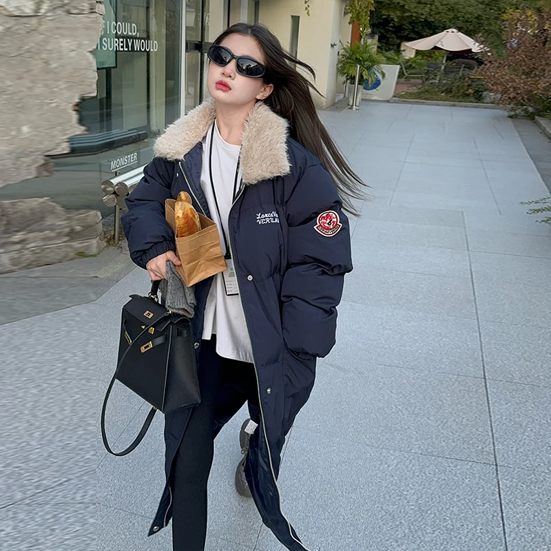 

Winter girl's medium to long fur collar cotton coat 2025 new style children's autumn thick cotton coat imitation fur boy's coat