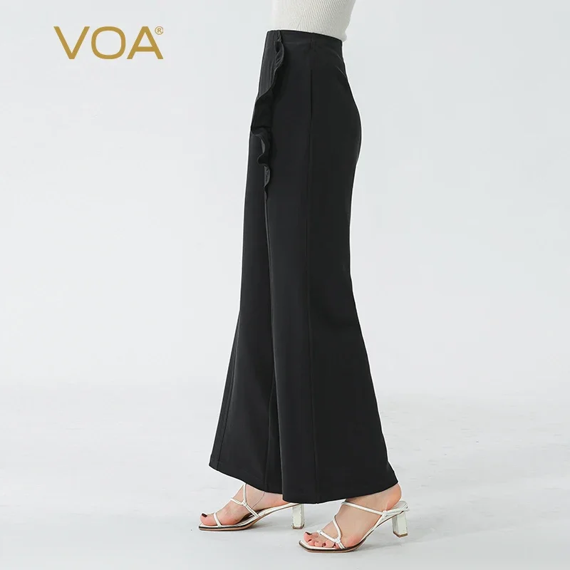 VOA Black 45 Momme Heavyweight Silk Natural Waist Trousers Asymmetrical Ruffle Office Ladies Straight Suit Wide Leg Pants KE797