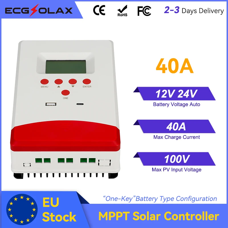 ECGSOLAX 40A MPPT Solar Charge Controller 12V 24V Solar Panel Regulator With LCD Display Solar Controller Max PV 100VDC