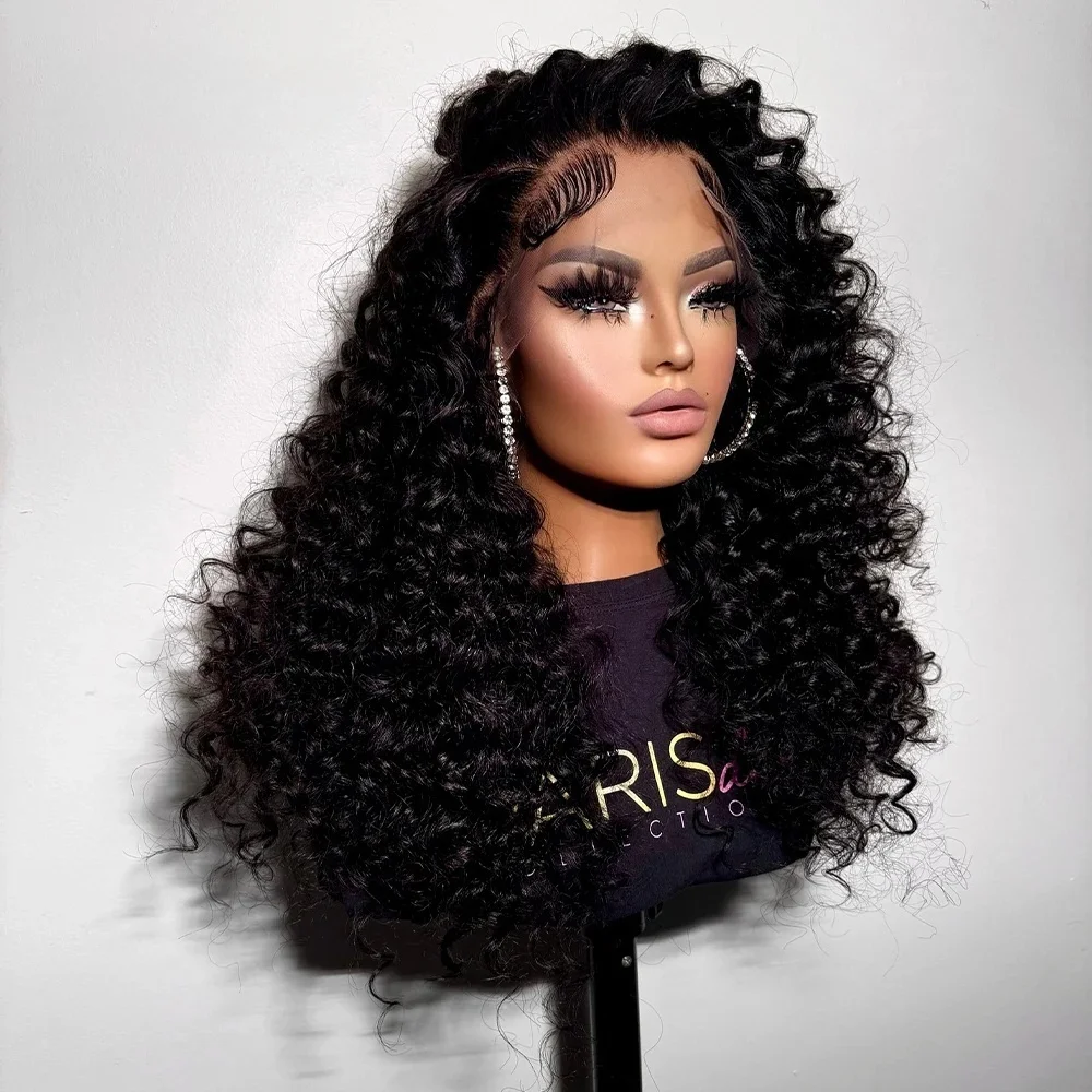 นุ่ม 26 นิ้ว 180 ความหนาแน่นสีดํา Kinky Curly Lace ด้านหน้า Wigs สําหรับผู้หญิงที่มีผมเด็กเส้นใยสังเคราะห์ส่วนลึกสวมใส่ทุกวันวิกผม
