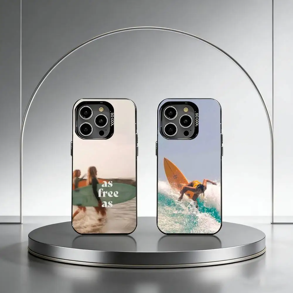 

Surfboard Surfing Art Girl Phone Case For iPhone 17,16,15,14,13,12,11 Plus,Pro Max,XS,Colored Silver Plated Inside Cover