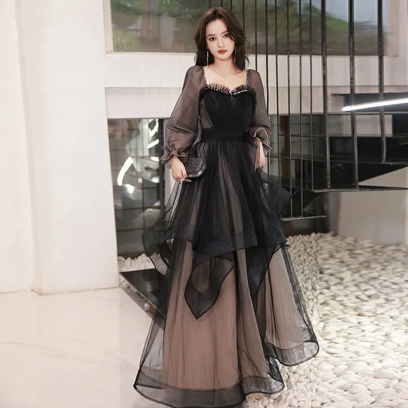 2024 Women\'s Evening Party Dress Long Sleeve Ruffle Square Neck Vintage Long Skirt Elegant Banquet Prom Dress For Women Vestidos