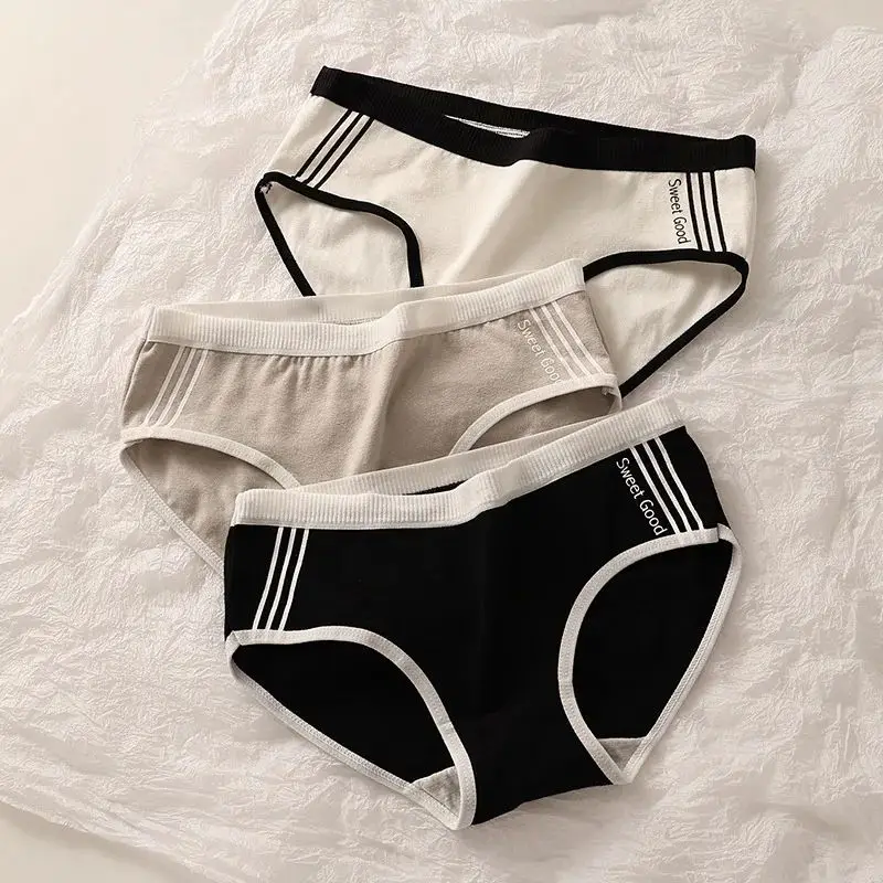 3Pcs/Set Sports Style Cotton Women'S Panties Girls' Underwear Cool Minimalist Mid Waist Japanese Black And White Pure Mid Waist