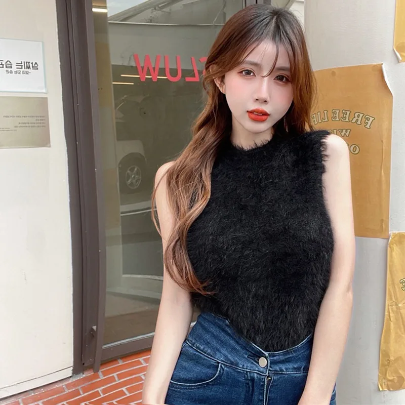 New Korean Sexy Slim Sleeveless Vest  Vintage Soft Mink Fleece Knit Pullovers Crop Sweater Vest Womne Female Tops