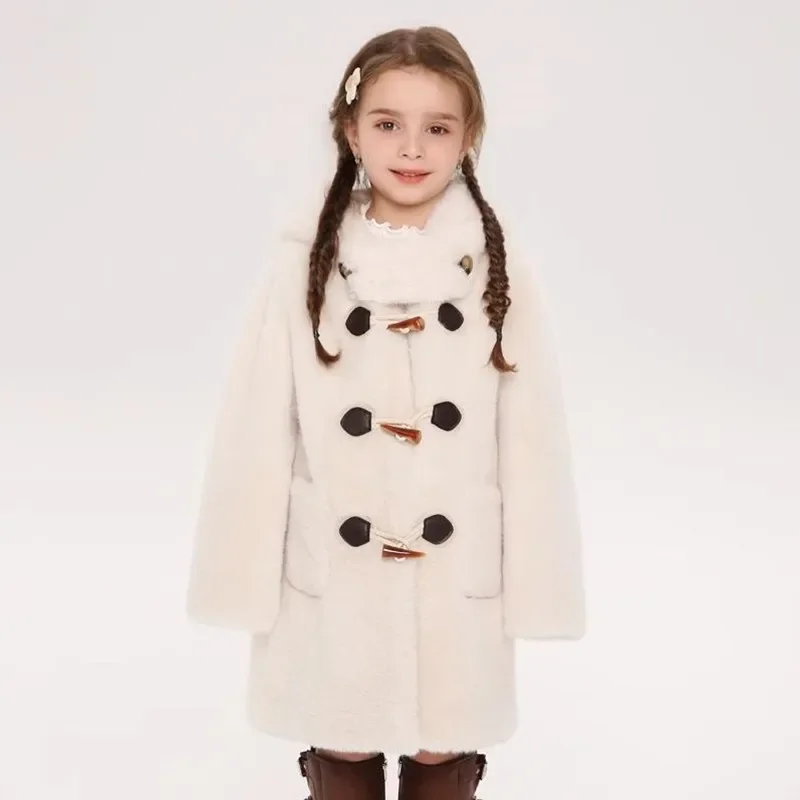 

2024 Winter New Children's Faux Fur Jacket Imitation Mink Fur Coat Thicker Warm Hooded Overcoat A4279