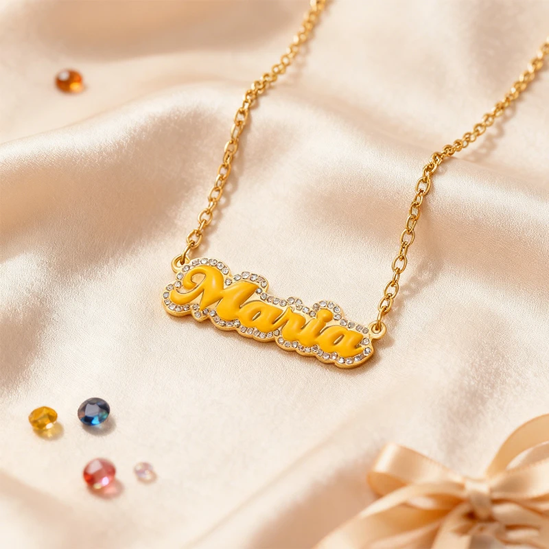 Treebud Colorful Enamel Custom Name Necklace Rhinestone Letter Personality Pendant Stainless Steel Women Men Chain Jewelry Gift