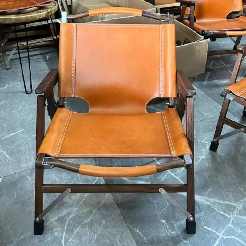 Outdoor Exposed Solid Walnut Ash Camp Kermit Real Saddle Leather Portable Folding Chair