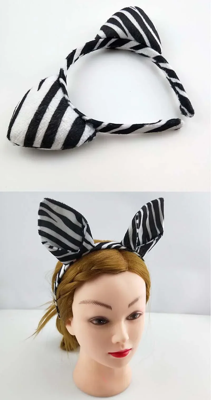 Adults Kids Plush Cartoon Animal Zebra Ear Headband Hairband Tail Bow Birthday Party Gift Cosplay Costume Christmas Halloween