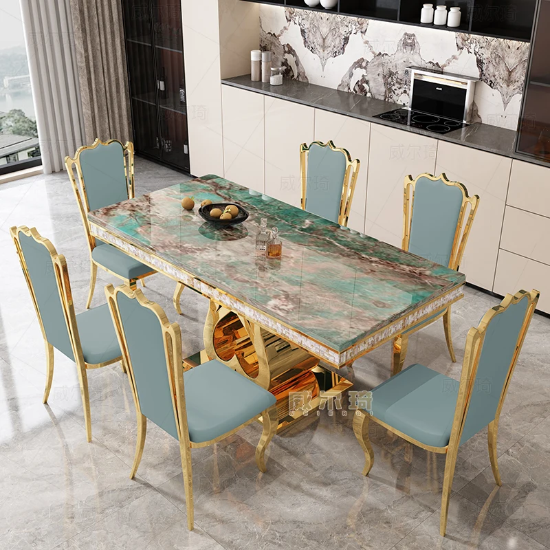 

Light luxury post-modern marble dining table and chair combination simple Nordic small apartment household stainless steel recta