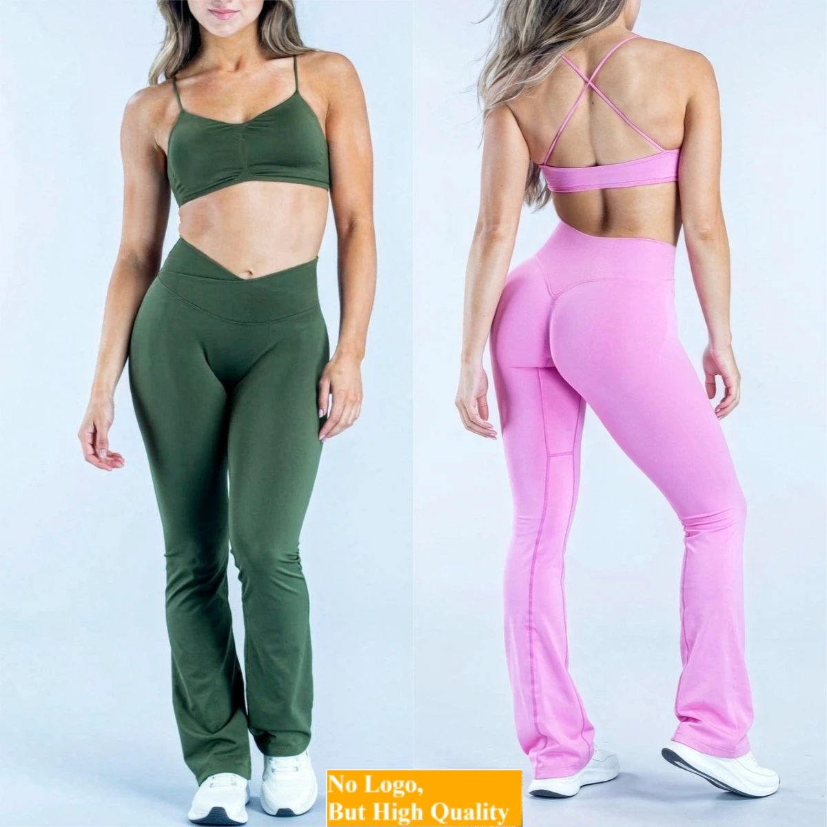 NOLOGO Women Fitness 2pc Set，Back cross Yoga Short Top+Seamless Cross Waist Design Hip Lifting Wide Leg Sports Pants Fitness Set