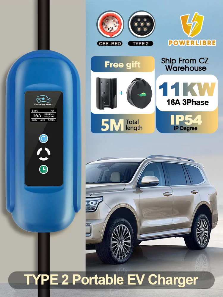 Powerlibre Draagbare 11KW 16A EV-lader Type2 Stekker IP54 Oplader voor Elektrische Voertuigen PHEV Auto's CEE Stekker 5M Totale Lengte - afbeelding 2