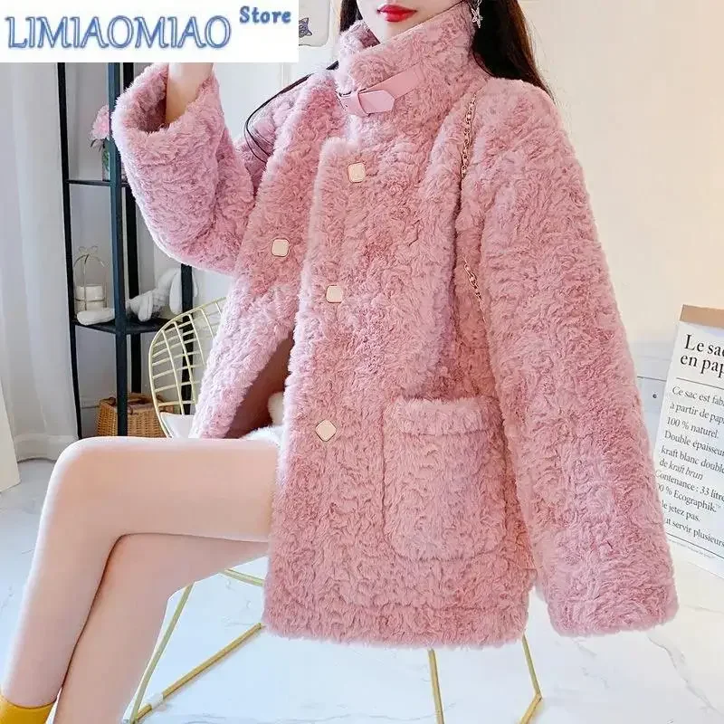 

New Thick Imitate Fur Jacket Female Autumn Winter Style Korean Loose Wild Lamb Hair Short Coat Green Button Outwear