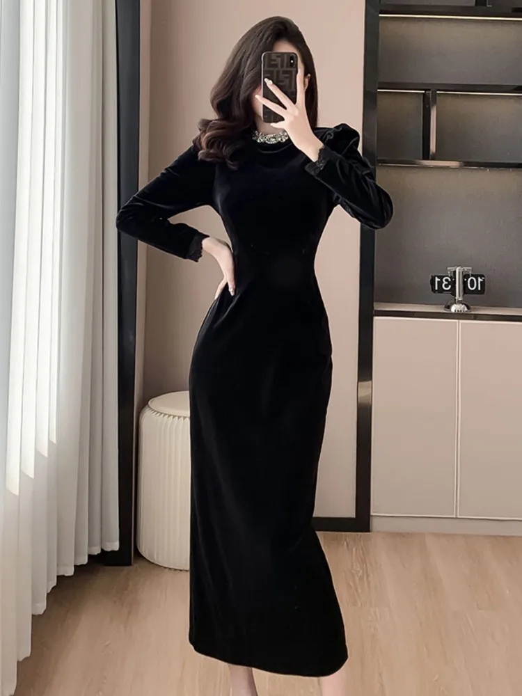 Women Hepburn Luxury Design Slim Bodycon Midi Long Party Night Dresses Vintage Elegant Sheath Black Velvet Prom Robe Autumn