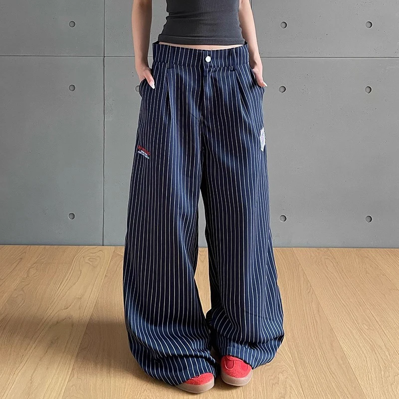 

Мешковатые джинсы-бойфренды Y2k в синюю полоску, женские винтажные широкие джинсовые брюки в стиле Харадзюку, джинсы в японском стиле 2000-х годов, брюки оверсайз