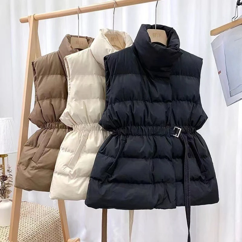 

Корейский жилет без рукавов с поясом, куртки, женский стеганый пышный жилет, зимнее пальто с хлопковой подкладкой, женское пальто с воротником-стойкой