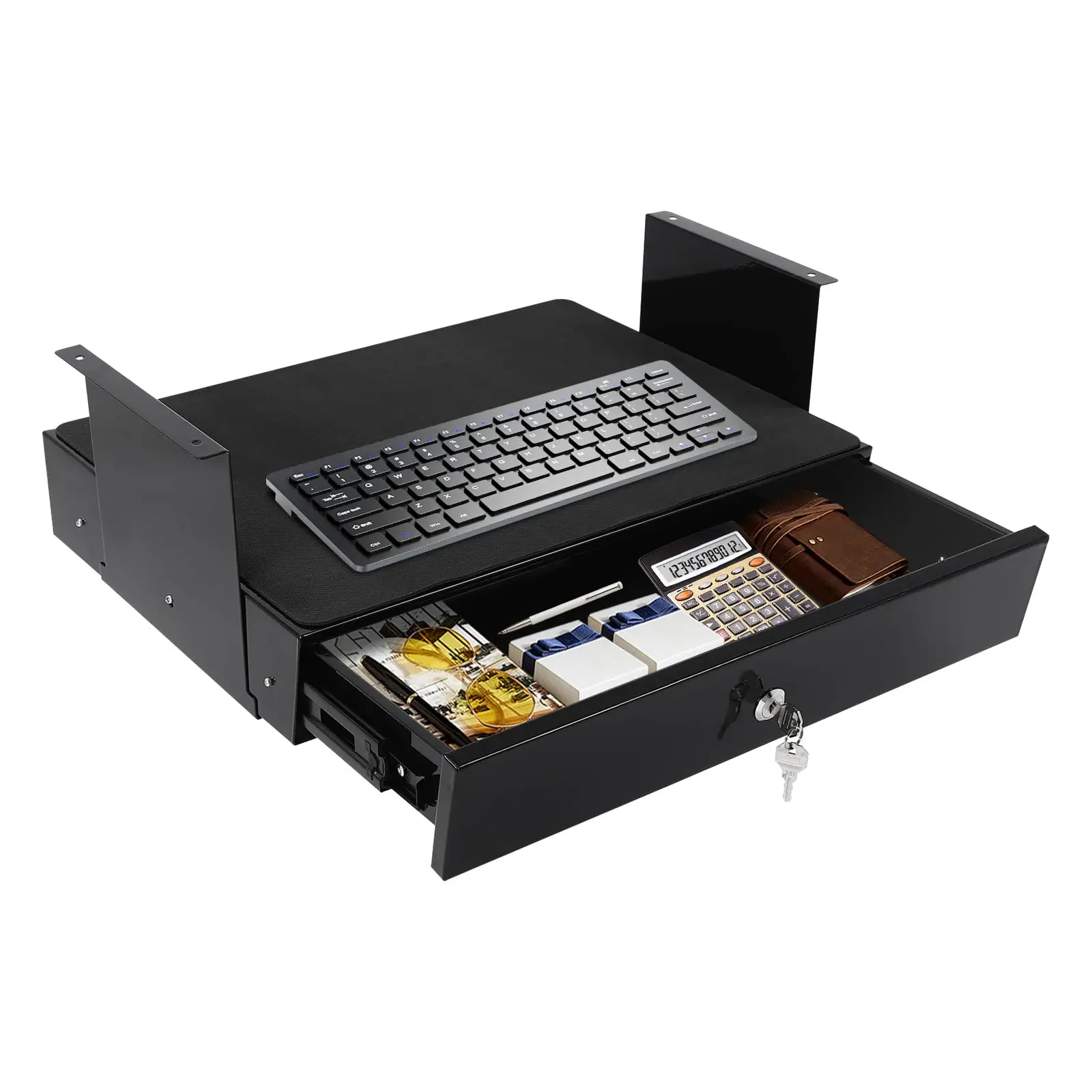 

Under Desk Mounted Sliding Pull-Out Drawer, 18 * 14 * 6.9in Drawer Storage Organizer W/ 2* Keys & 1* Computer Pad, One-Piece Struct
