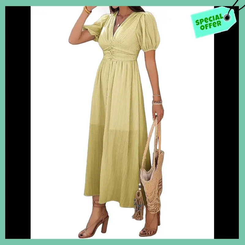 

Sturdy Women Summer Casual Midi Dress Puff Sleeve V Neck Ruched Button Front Split Boho Beach Vacation Wedding Dresses 2025