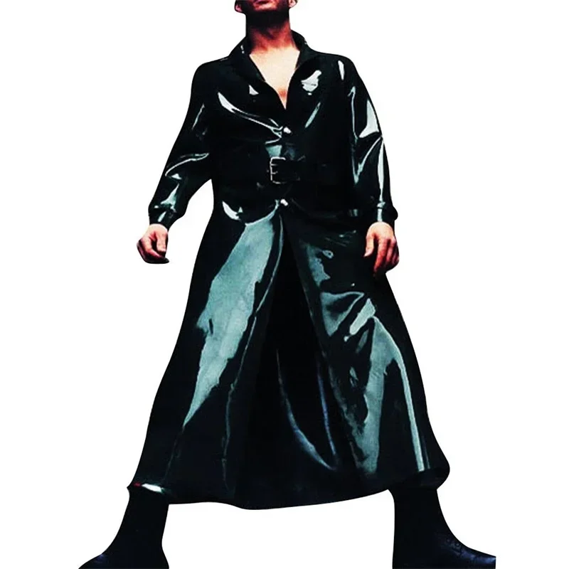 

Fashion Gummi Black Men's Latex Rubber Catsuit Long Fancy Coat for Men (No belt)