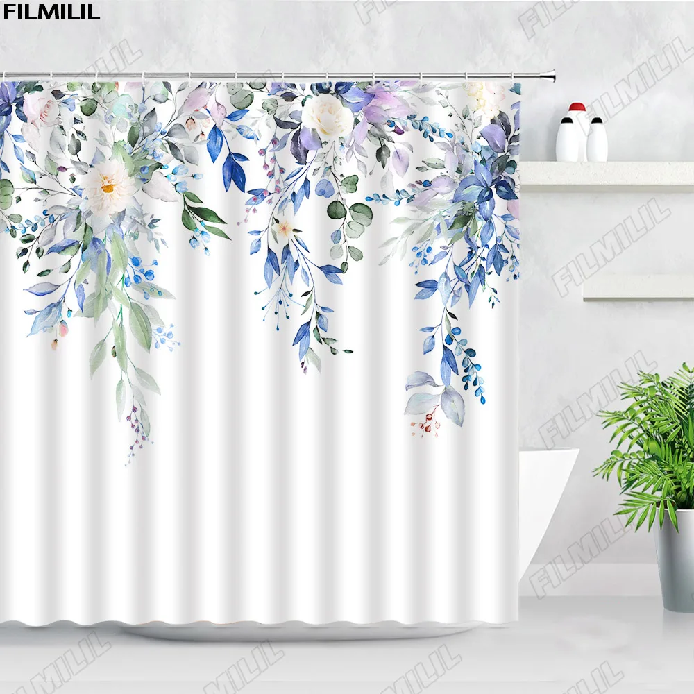 Green Eucalyptus Shower Curtains Watercolor Leaves on The Top Plant with Floral Bathroom Decor Cloth Bath Curtain Set with Hooks