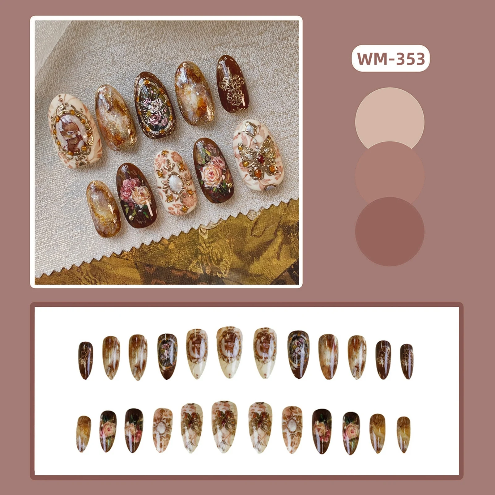 24 個ヴィンテージガーデンフェイクネイルアーモンドプレスオンネイル取り外し可能なブルージェントルエレガントな付け爪蝶の花のデザイン