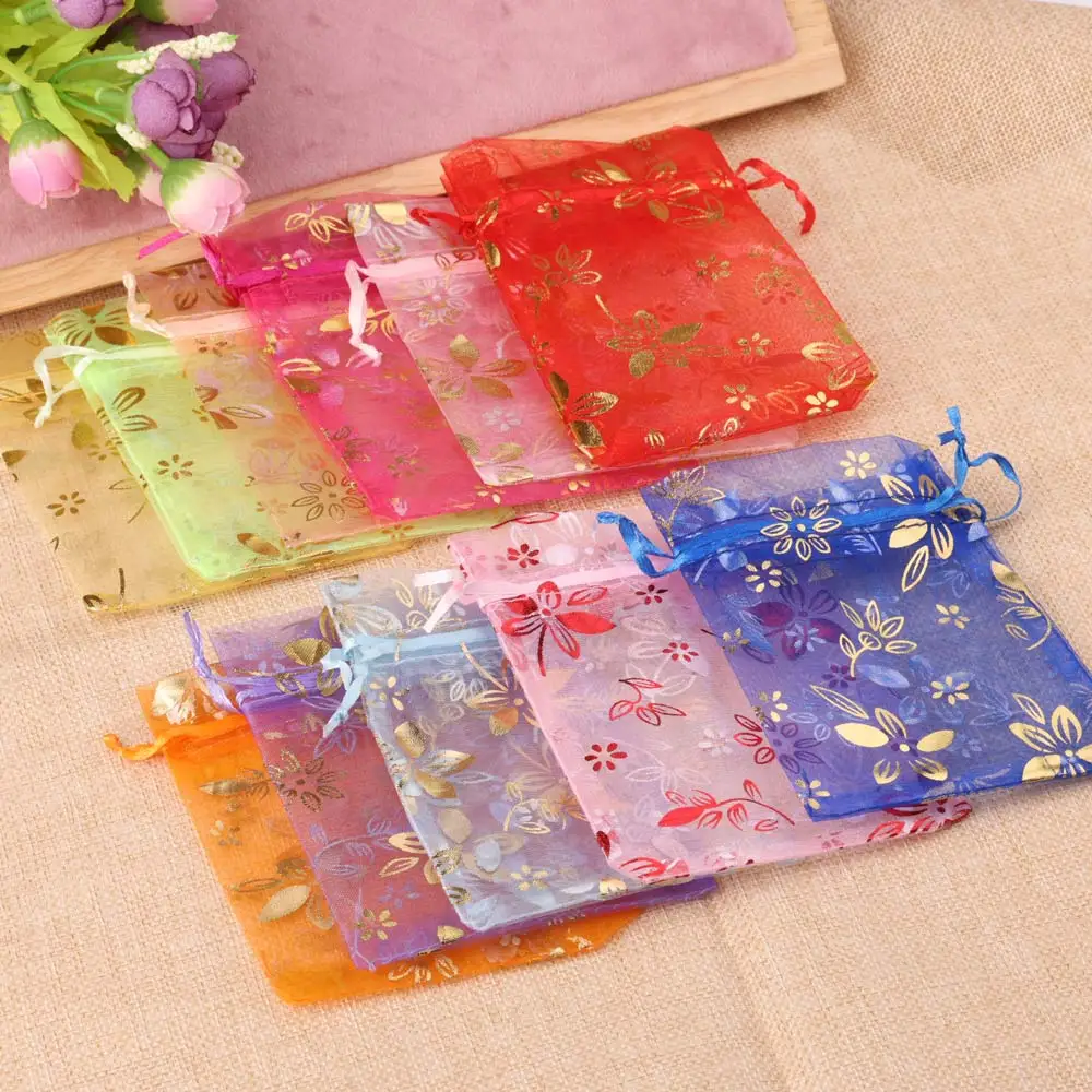 20pcs/lot New Organza Gift Bag Gold Color Bauhinia Wedding Candy Bags Exquisite Jewelry Packing Drawstring Pouch Wholesale