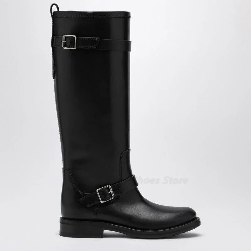 

European and American Round Toe Long Tube Women's Boots With Flat Metal Decorative Buckles Are Hot Selling Women's Shoes