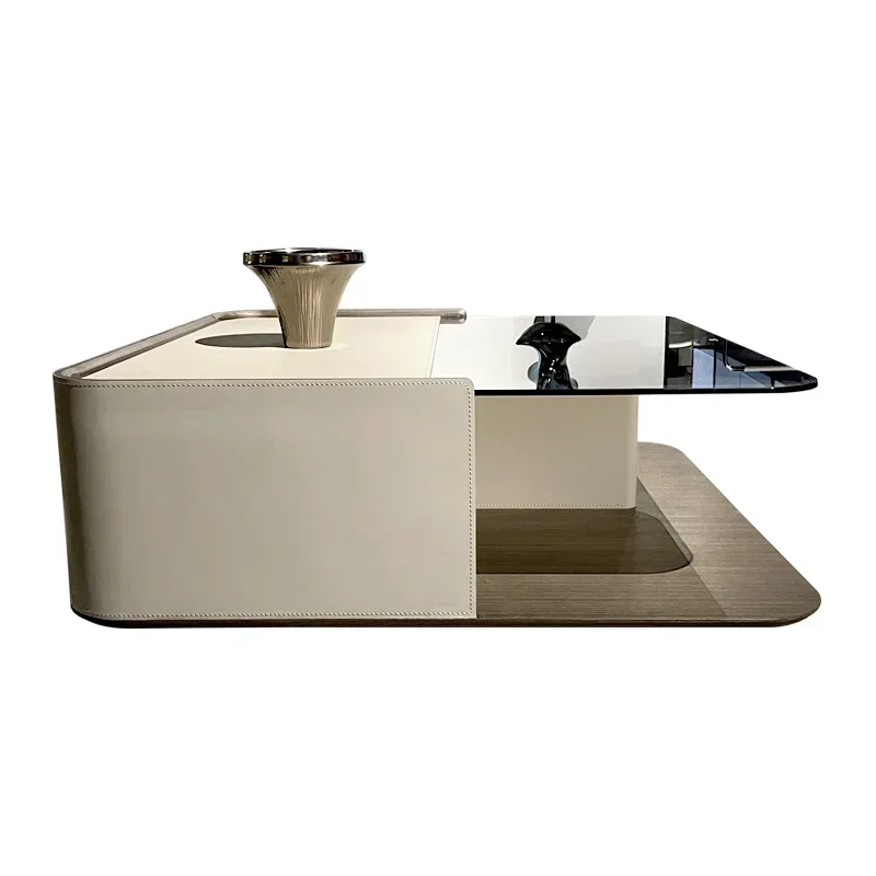 Modern Minimalist Living Room Square Coffee Table Light Luxury Saddle Leather Art Glass Square Table