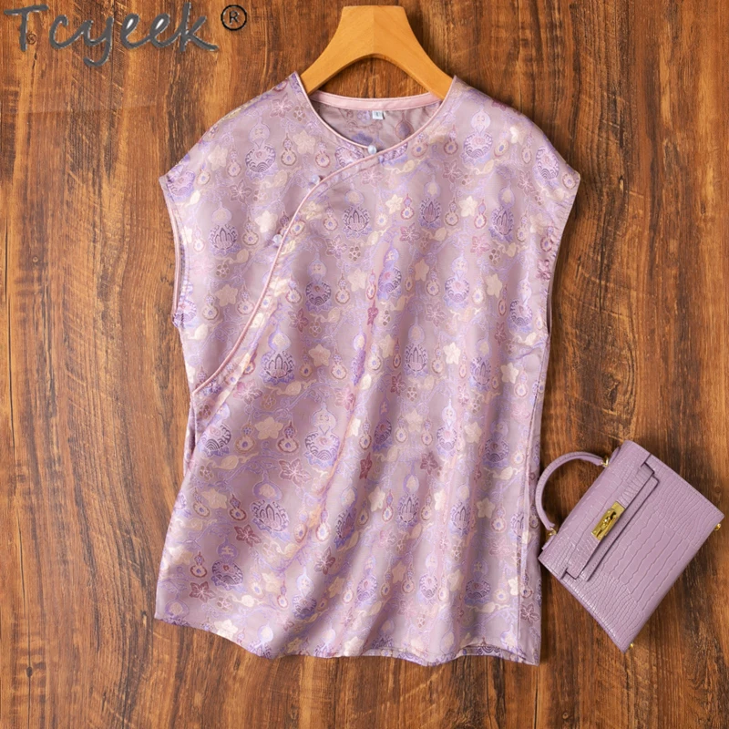 Tcyeek 100% Real Mulberry Silk T-shirt 2024 Loose Fit T-shirts for Women Summer Clothes Chinese Style Top Womens Tops Футболки