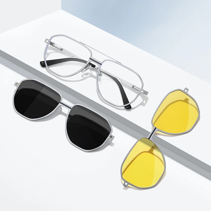CLLOIO Aluminum Magnesium Sunglasses 3-in-1 Polarized Magnetic Suction Cover Sunglasses Men Prescription Customized Glasses 7037