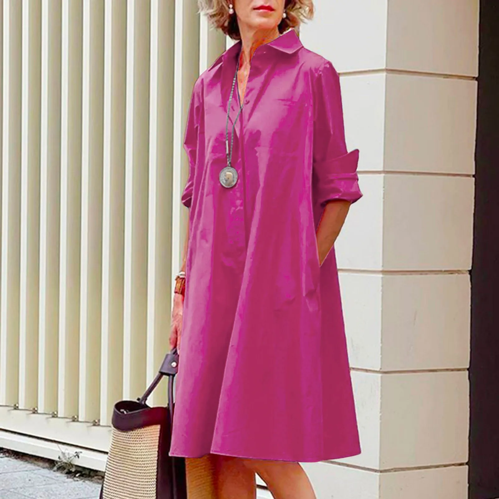 

Women's Shirt Dress 2024 Spring Summer Casual Lapel Long Sleeve Midi Dress Solid Colour Fashion Loose Versatile Commuter Dress