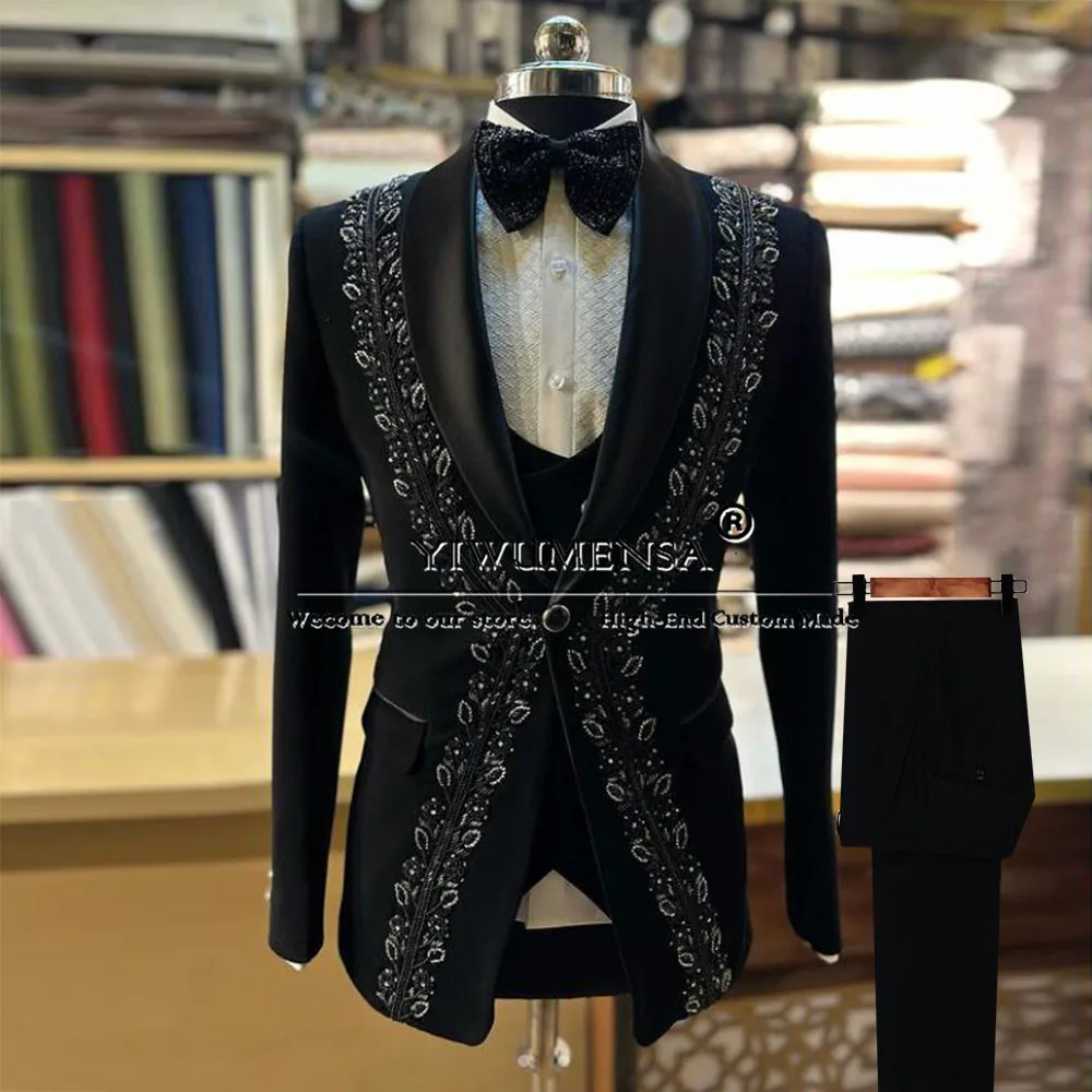 

Luxury Beaded Stones Suits Men For Wedding 3 Pieces Sets Single Breasted Prom Attire Customized Groom Tuxedos Man Banquet Blazer