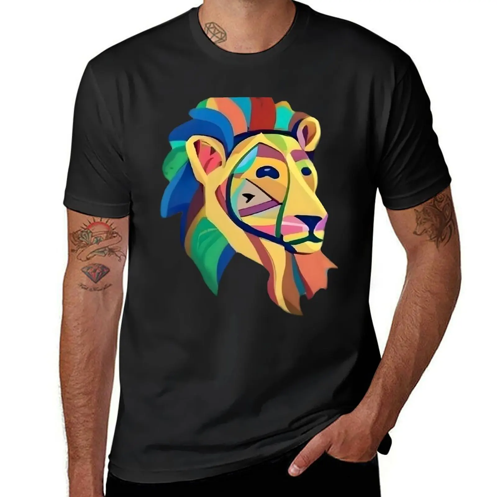 Cubist Lion Face T-Shirt Aesthetic clothing summer top kawaii clothes summer tops men clothing