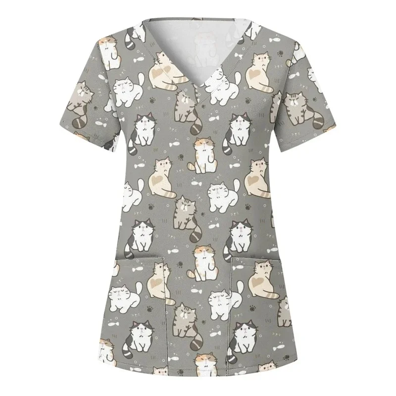 Women's Cartoon Cat Print Medical ApparelVCollar Short SleeveTShirt with pockets nurse uniform workwear top