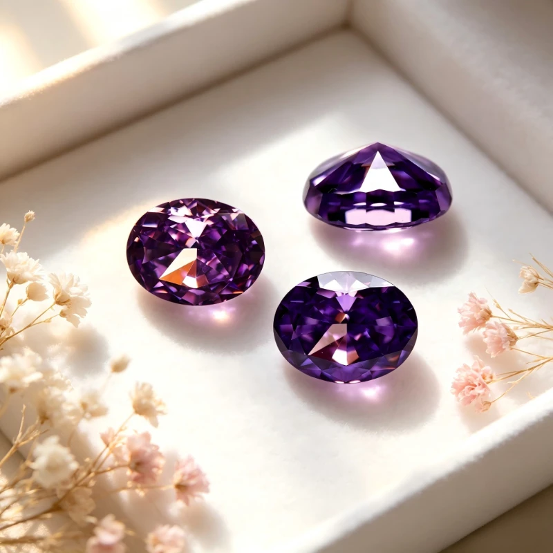 Kubischer Zirkonia Stein, ovale Form, violette Farbe, Crushed-Ice-Schliff, violette Farbe, CZ 4K-Schliff, 5A+ Qualität, Laborproduktion – Detail 5