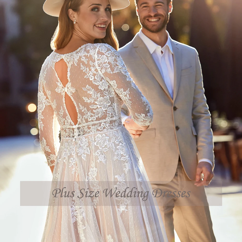 Klassische A-Linie Brautkleider in Übergröße, V-Ausschnitt, 3/4-Ärmel, Brautkleider, Applikationen, Illusion, Sweep-Zug, Tüll, Vestidos de Novia