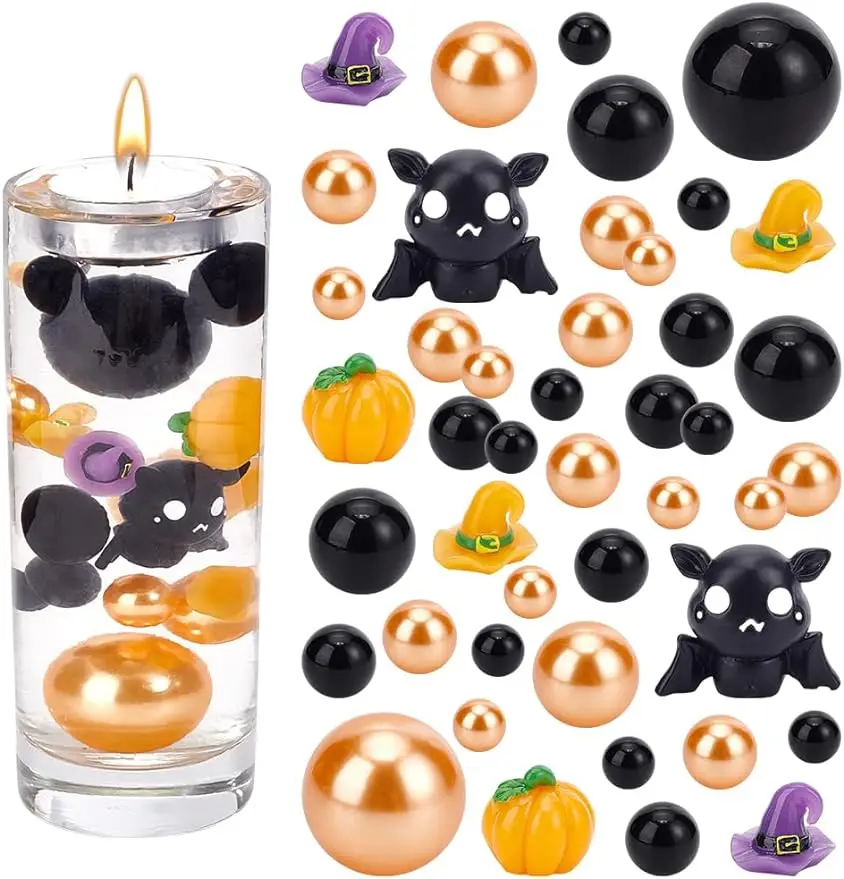 

152PCS Halloween Floating Pearls Vase Filler Beads Pumpkin Beads Hat Ghost Vase Centerpieces Bead Faux Pearls Beads for Makeup