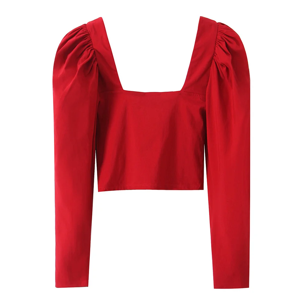 UNIZERA women's heart-shaped collar red puffy sleeves short shirt new product solid color long sleeves simple slimming top