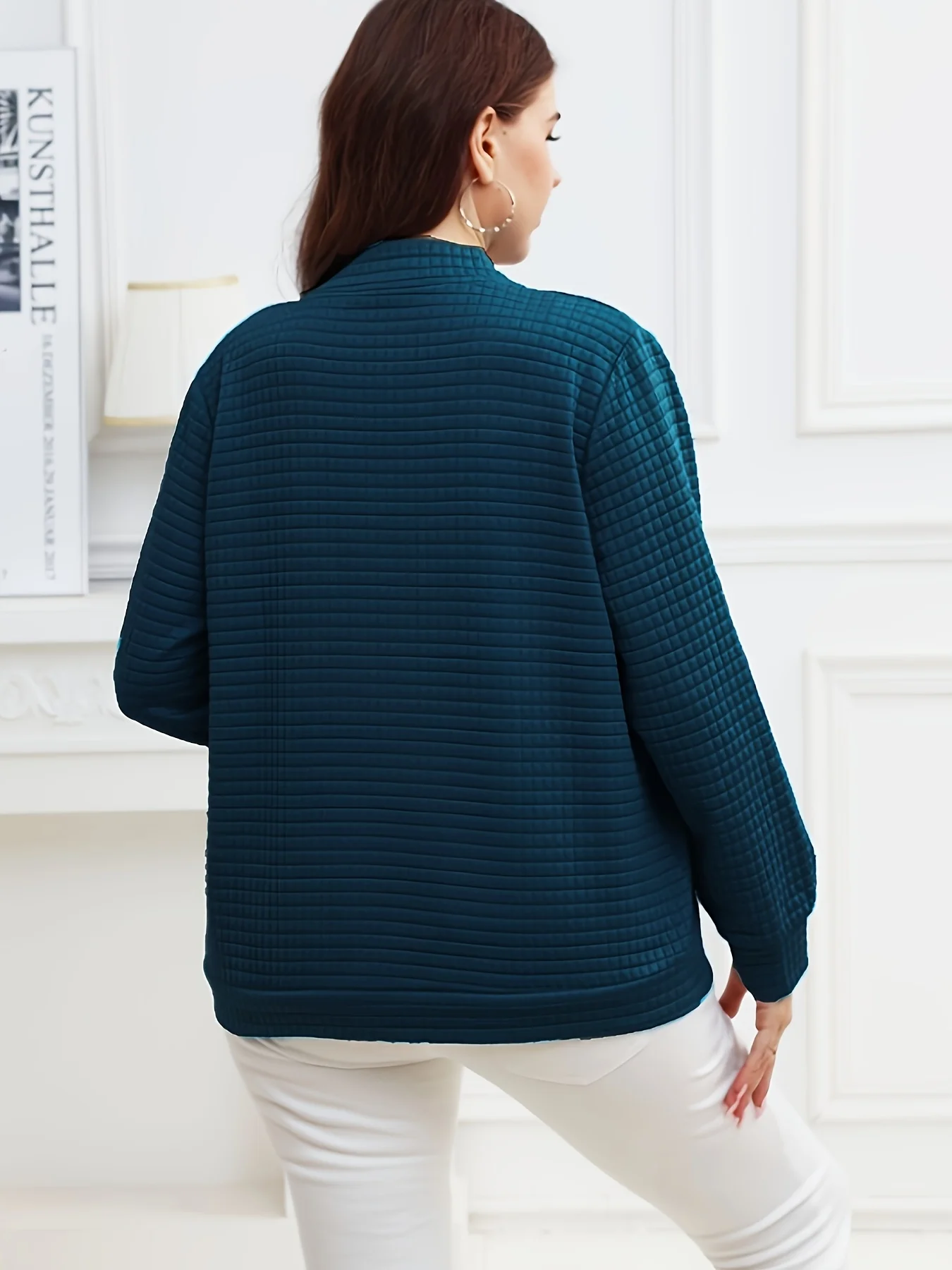 Dámský elegantní kardigan s dlouhým rukávem pro větší velikosti - měkká vaflová tkanina, klasický střih na zip, univerzální pro všechna roční období, vhodný pro běžné nošení i formální příležitosti - náhled 2