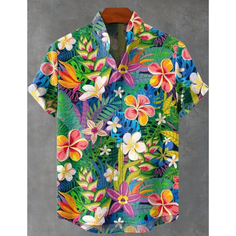 Новая мужская рубашка с 3D принтом тропических растений и кокосовой пальмы, льняная гавайская пляжная рубашка с лацканами и короткими рукавами, дышащий модный топ