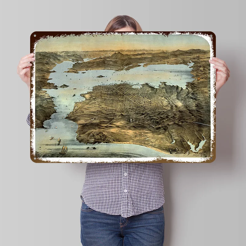 Map of San Francisco Printed Poster Customized Wall Art Retro Vintage Metal Tin Signs for Custom Plate Office Decoration Gaming