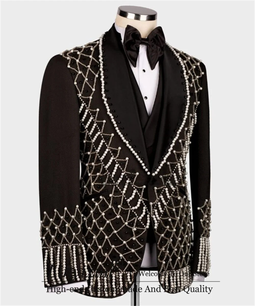 Luxury Metal Embellished Men Suits Shawl Lapel Groom Tuxedos Wedding Prom Blazers Hombre Outfit Terno Masculinos Completo