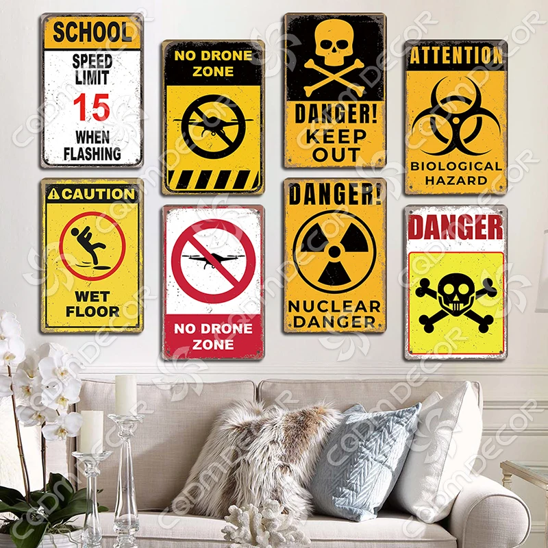 Warning Danger Tin Sign Metal Plaque Caution Hight Voltage Keep Out Slow Down Vintage Poster School Mall Home Wall Decoration