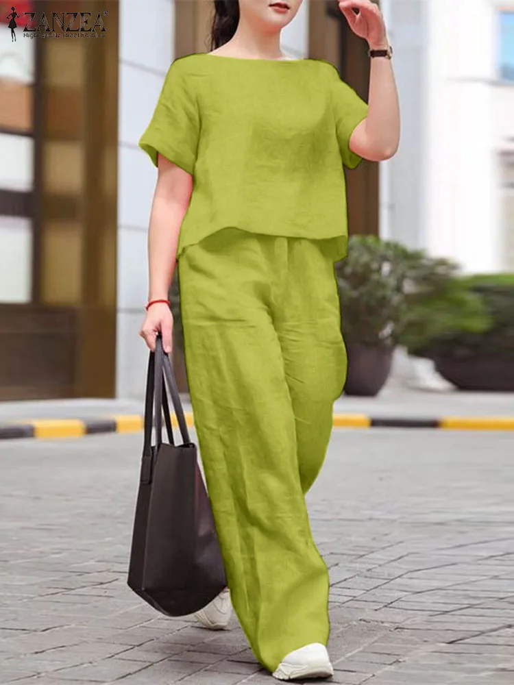 2024 ZANZEA Woman Casual Solid Suit Fashion Street Matching Sets Short Sleeve O-Neck Blouse Wide Leg Pants Vintage OL Outifits