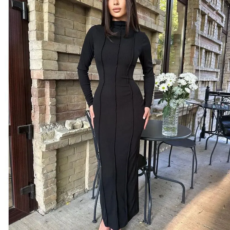 

2023 Autumn New Amazon Cross-Border Half Turtleneck Sunken Stripe Long Sleeve Skirt Slimming Waist Dress for Women