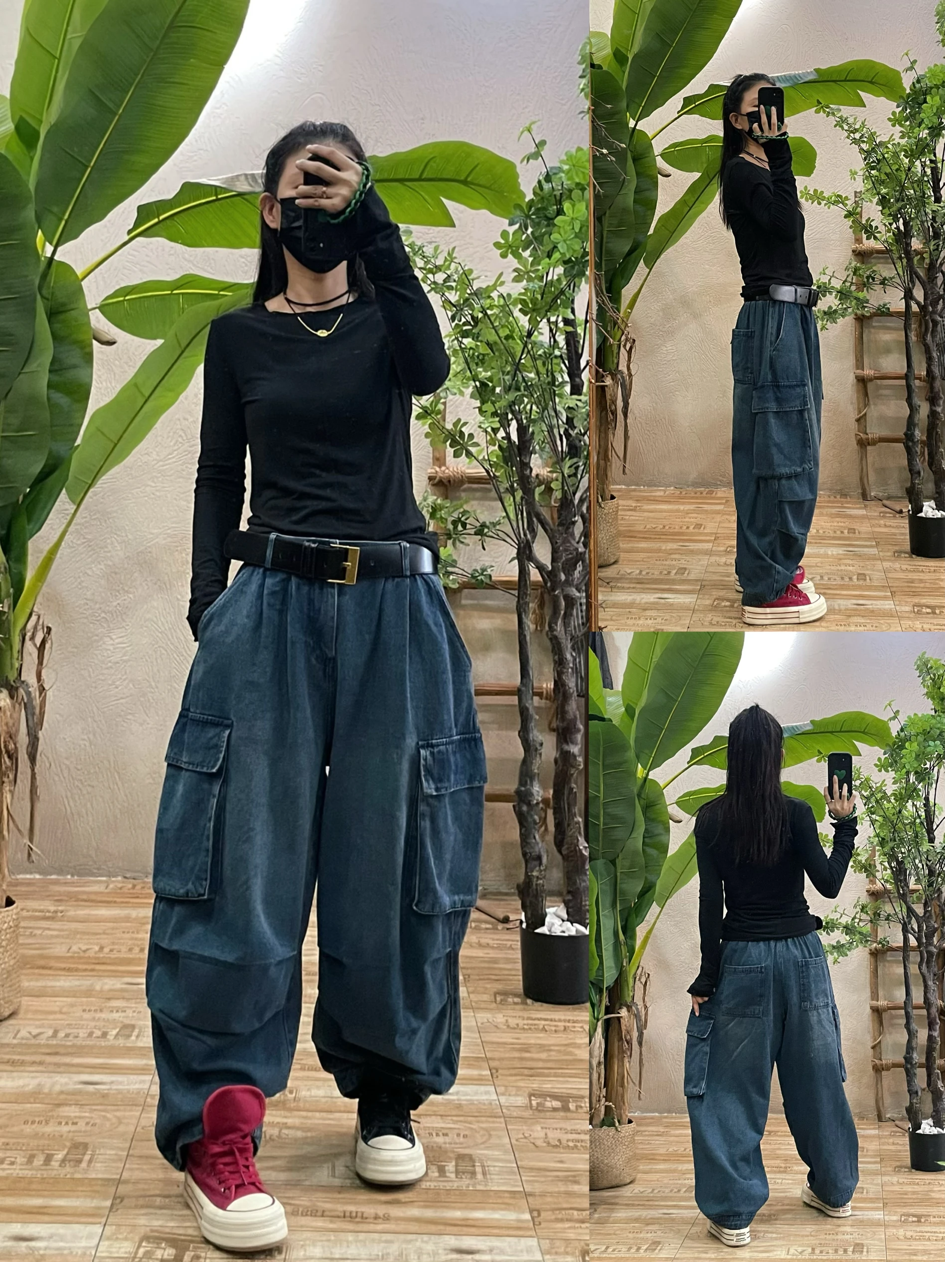 

Джинсовая рабочая одежда с завышенной талией в деревенском стиле, женские свободные утягивающие брюки в Корейском стиле, прямые повседневные брюки с широкими штанинами, осеннее новое поступление