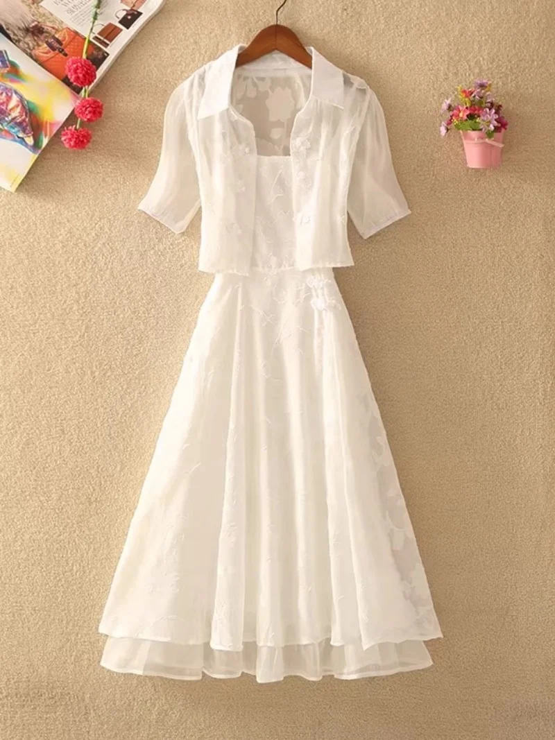 

2026 Summer New Chinese Style 2 Piece Set Women Short Jacket & Camisole Dress Slim Fit Vintage Oriental Matching Outfits J428