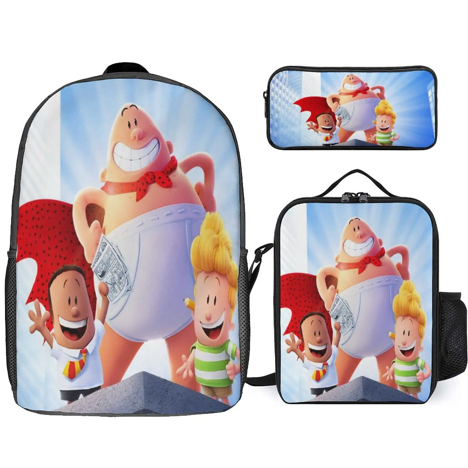 

Kid Canvas Backpack with Side Bag,Pencil Box,Captain Underpants Classic Daypack Cute Rucksack for School