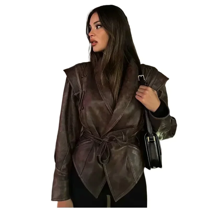 Women's PU Leather Jacket with Belt and Lapel, Female Coat, Outerwear, Streetwear, Fashionable Clothing, Autumn, Winter, 2024